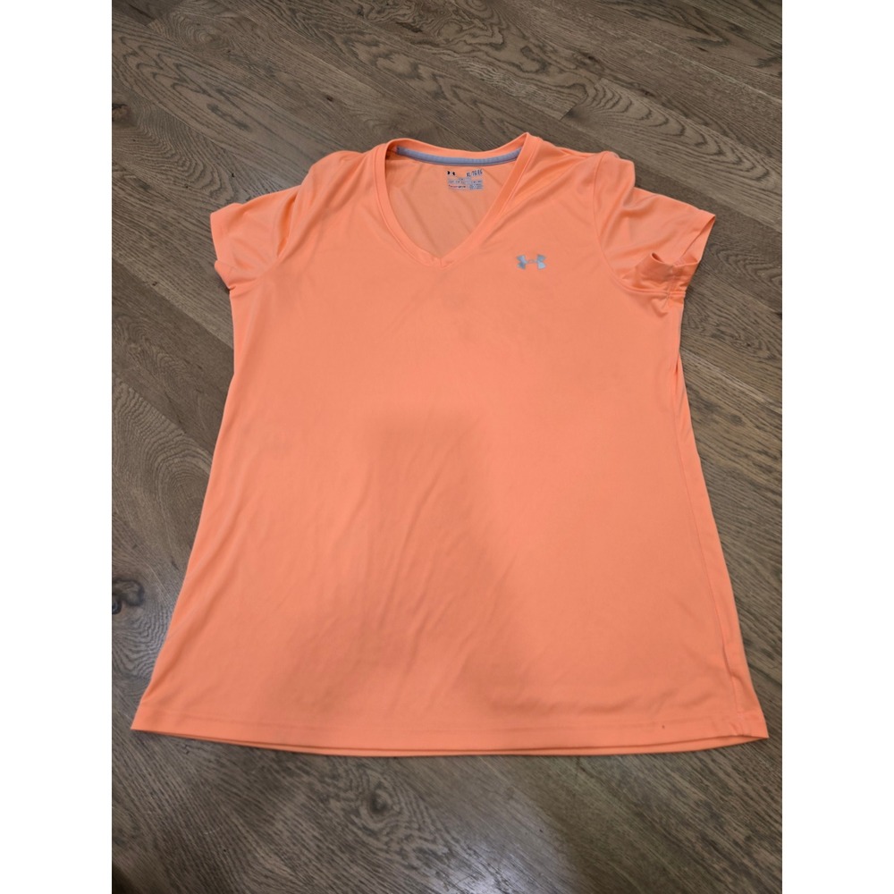 Under Armour Womens HeatGear V-Neck Short Sleeve T-Shirt Orange XL Semi-Fitted